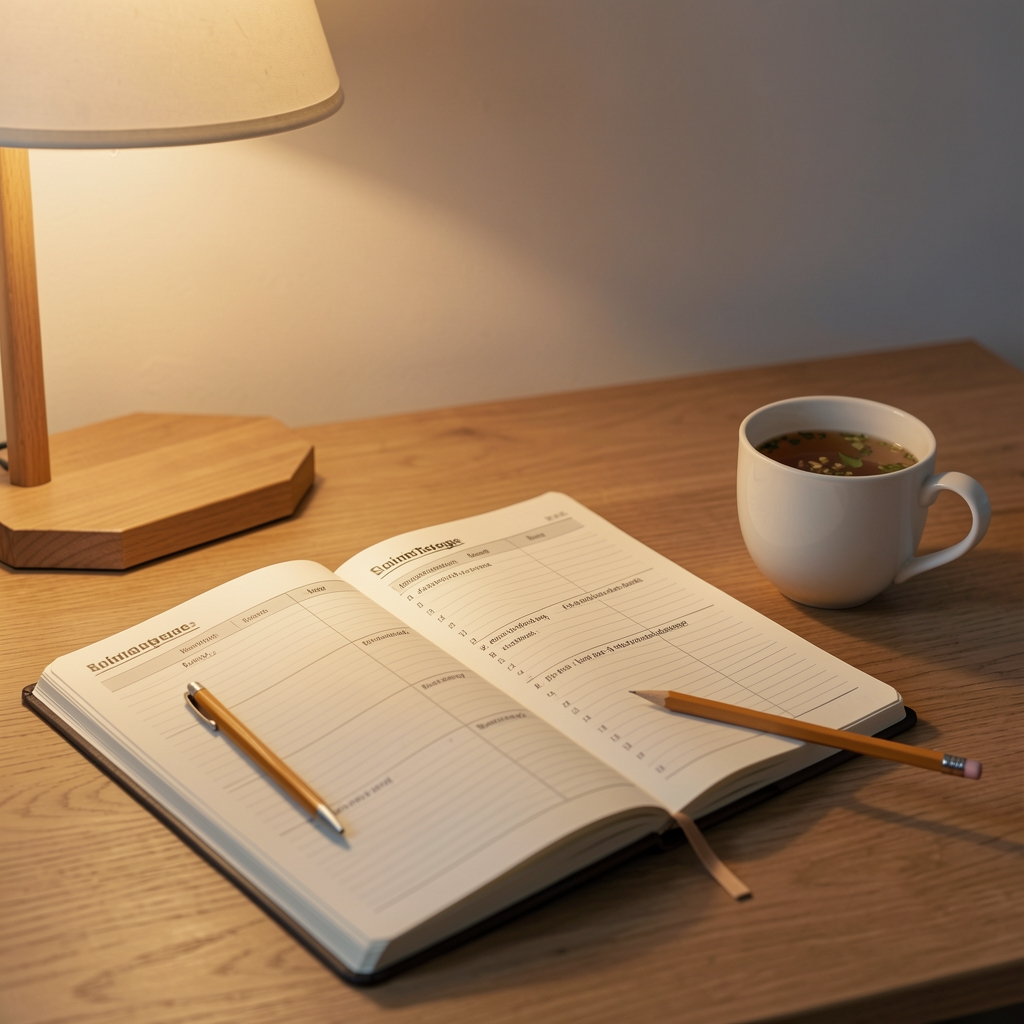 Ruhiger Schreibtisch mit aufgeschlagenem Ernährungstagebuch, Bleistift und einer Tasse Kräutertee unter warmem Lampenlicht