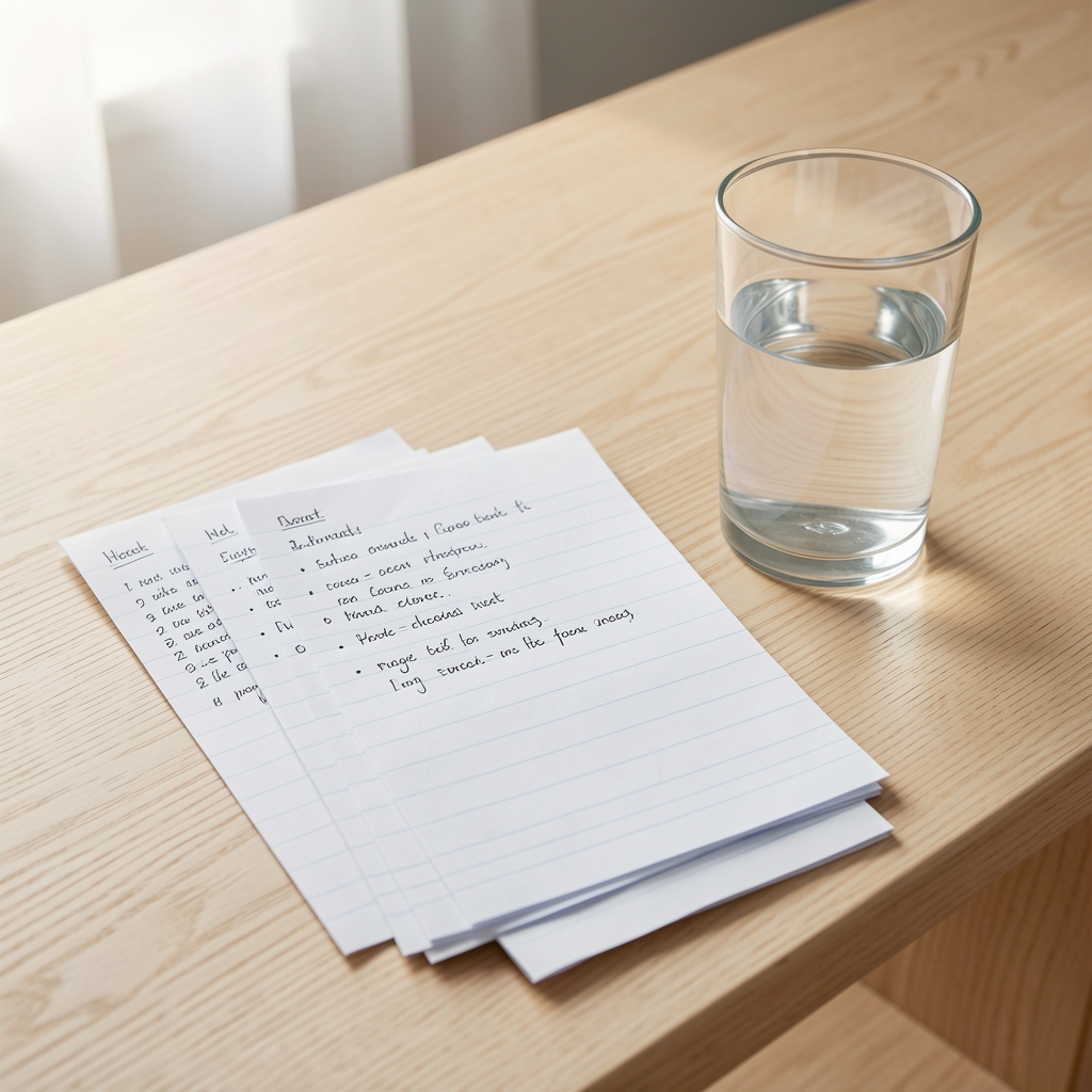Redaktionelle Dokumentation auf einem hellen Holztisch: aufgefächerte Notizblätter mit handschriftlichen Ernährungsnotizen neben einem Glas frischem Wasser