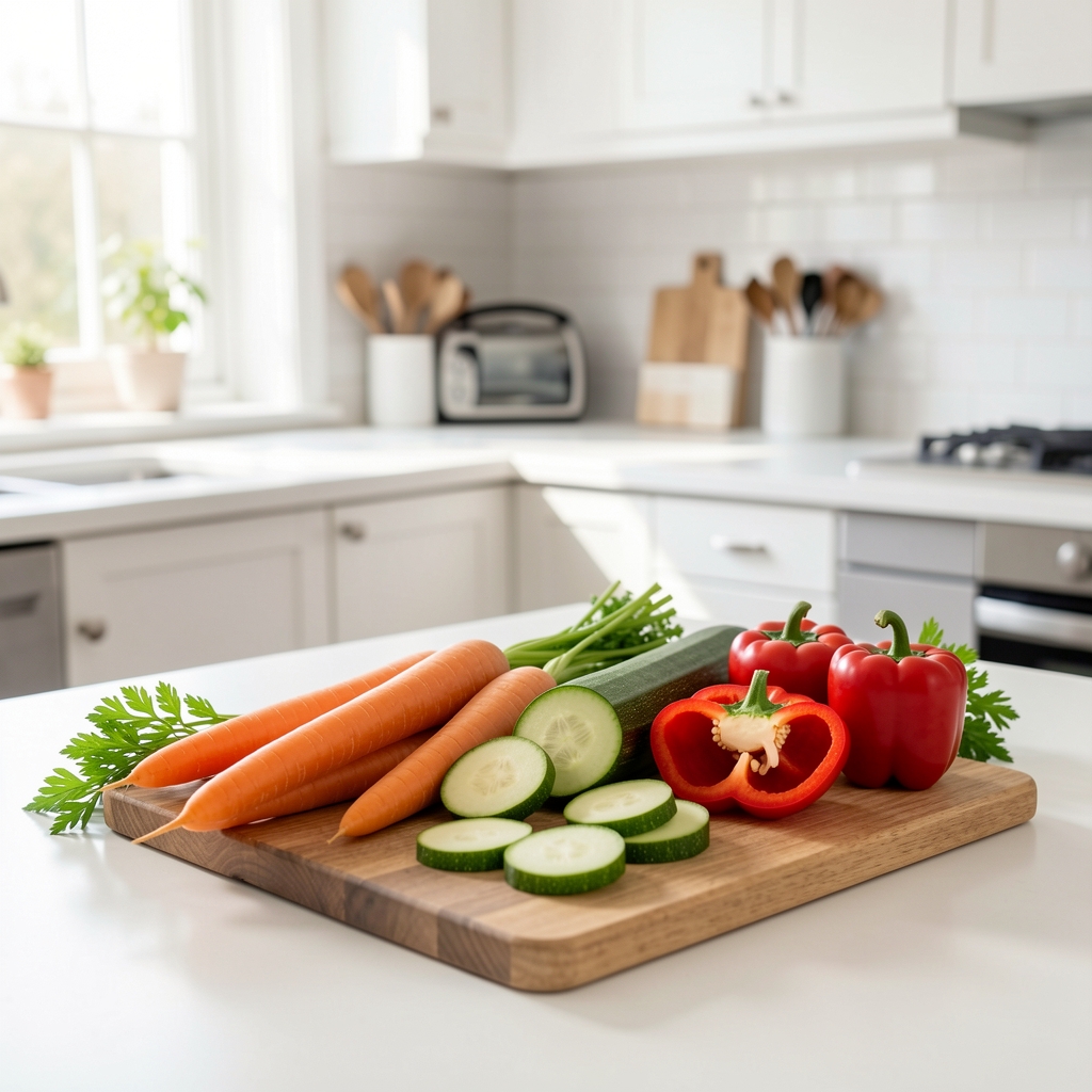 Frisch geschnittenes Gemüse — Karotten, Zucchini und Paprika — ordentlich auf einem Holzbrett arrangiert in einer hellen Küche
