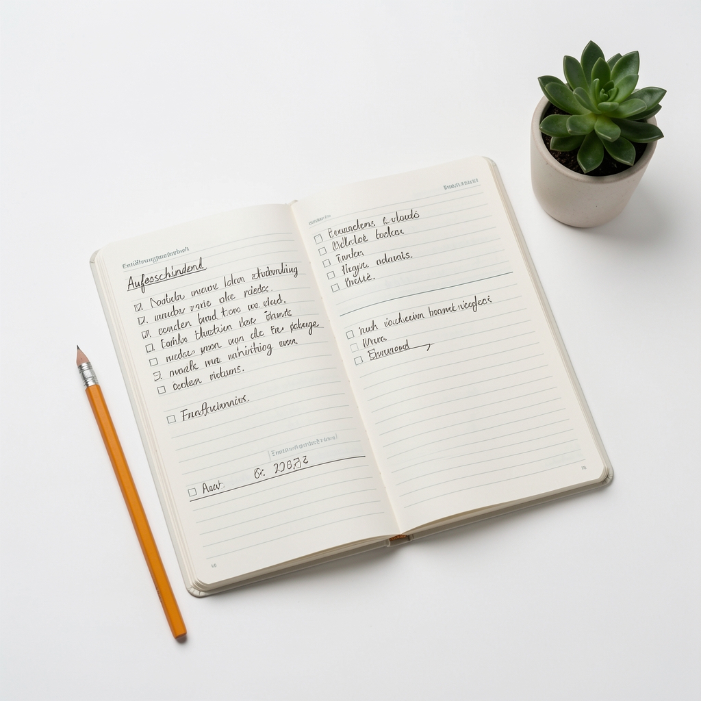 Aufgeschlagenes Ernährungstagebuch mit handschriftlichen Einträgen, neben einem Bleistift und einer kleinen Pflanze auf weissem Untergrund