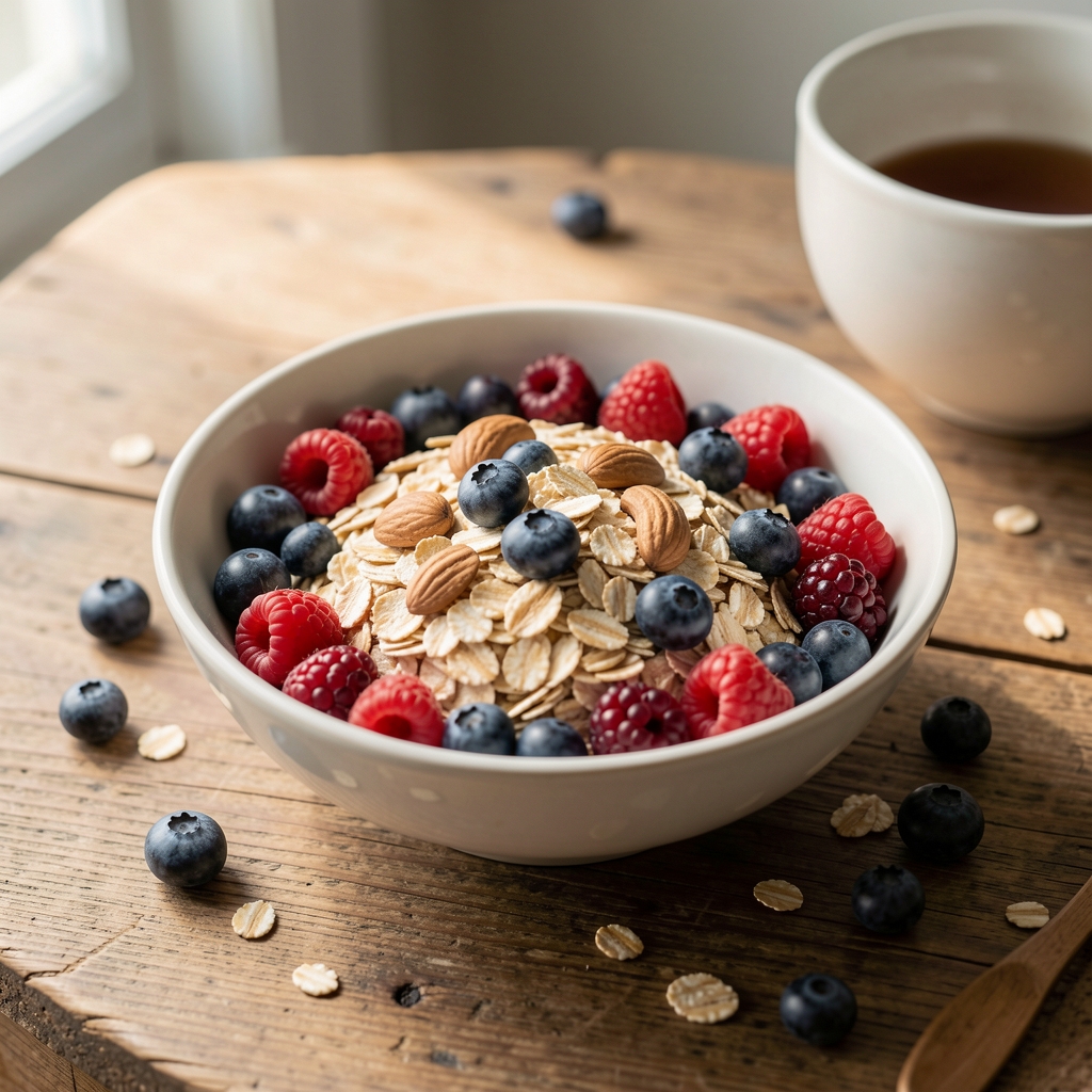 Morgenroutine: eine Schüssel Haferflocken mit frischen Beeren und Nüssen auf einem Holztisch, natürliches Tageslicht