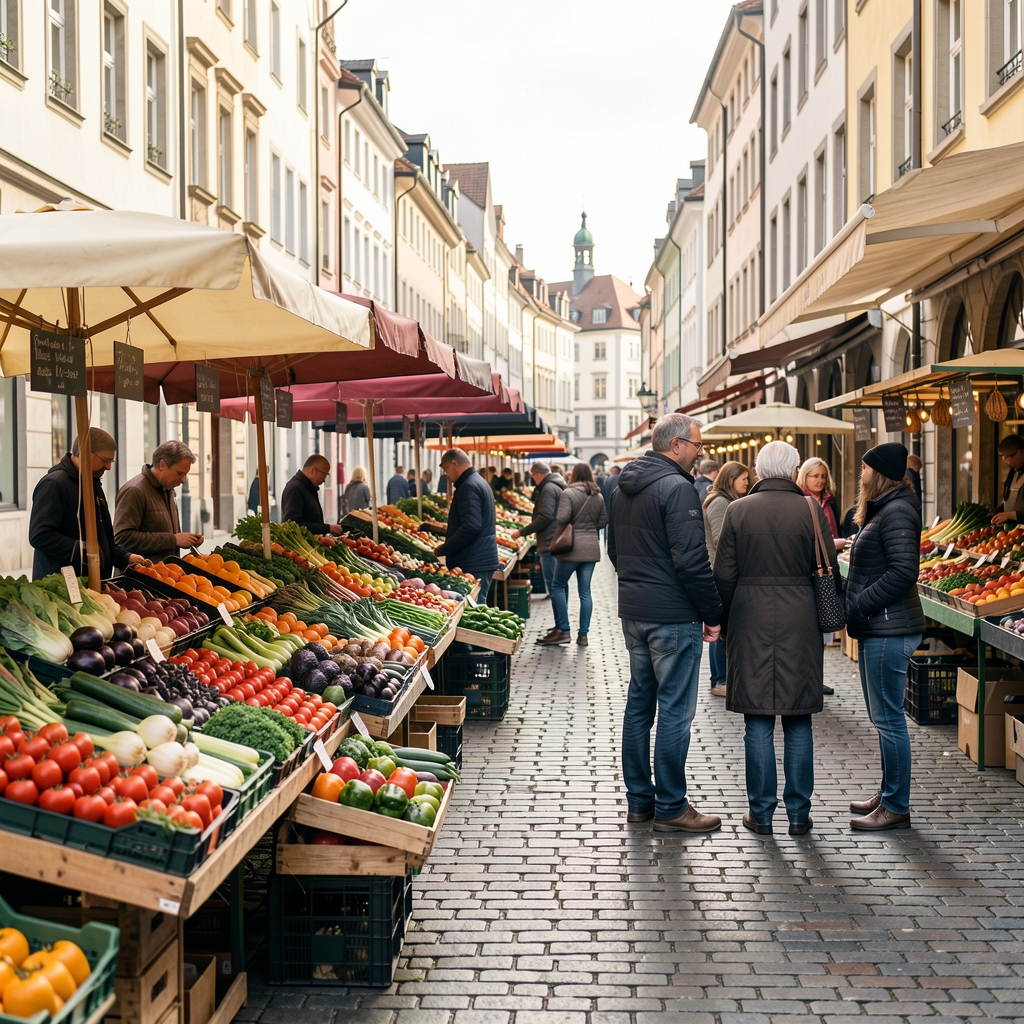 Saisonaler Wochenmarkt in der Zürcher Innenstadt: bunte Gemüsestände, Marktbesucher, natürliches Tageslicht