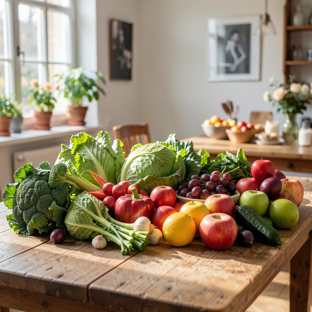 Frischer Wochenmarkt in Zürich mit saisonalem Gemüse und Obst auf einem Holztisch unter Tageslicht
