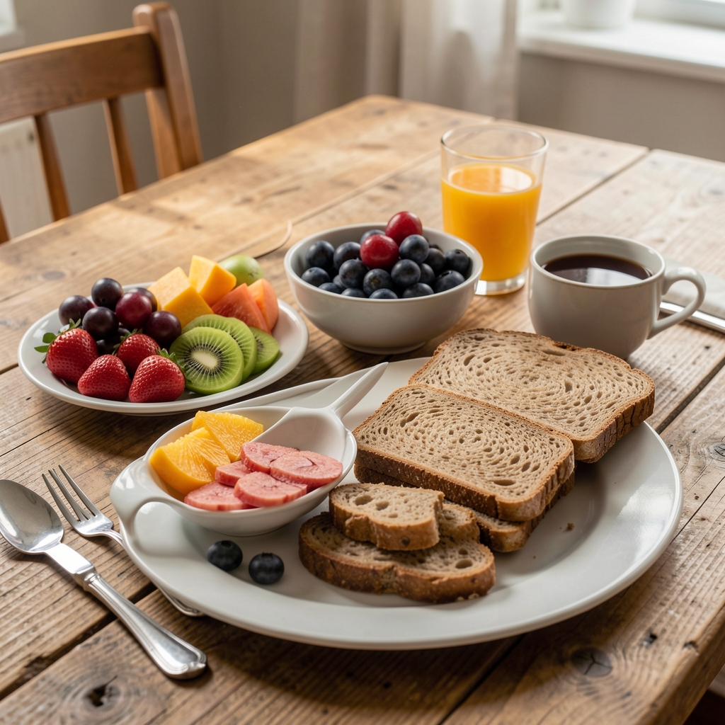 Ordentlich angerichtetes Frühstück mit frischem Obst, Vollkornbrot und einem Glas Wasser auf einem natürlichen Holztisch