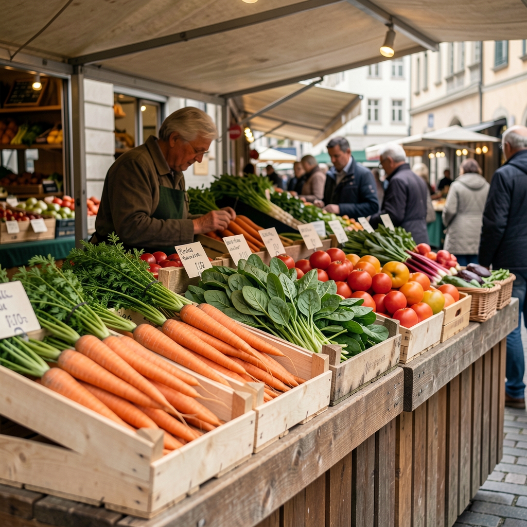 Frische saisonale Lebensmittel auf einem Marktstand in Zürich: Rote Beete, Karotten und Spinat in Holzkisten