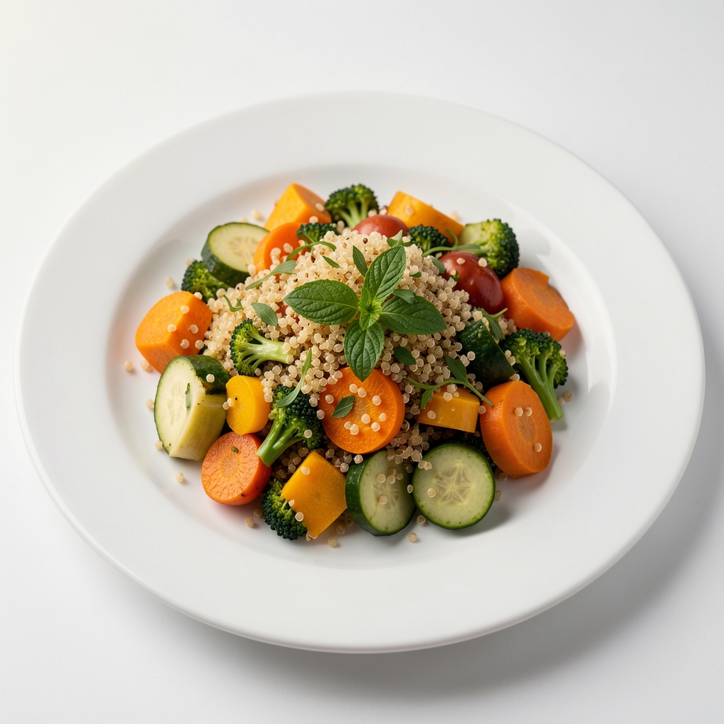 Nahaufnahme eines bunten Tellers mit gedämpftem Gemüse, Quinoa und Kräutern auf einem schlichten weissen Teller