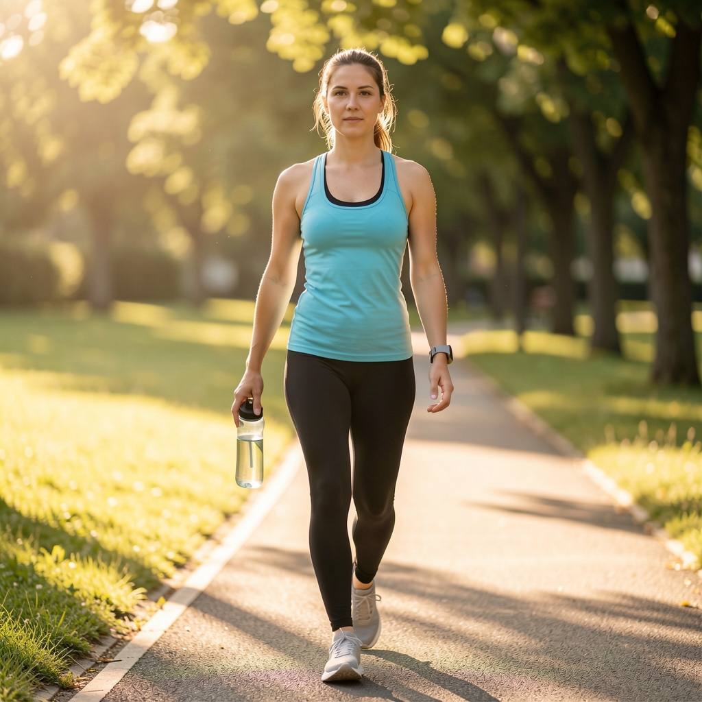 Frau beim Morgenspaziergang in einem Schweizer Park im Sonnenlicht mit Sportkleidung und Trinkflasche