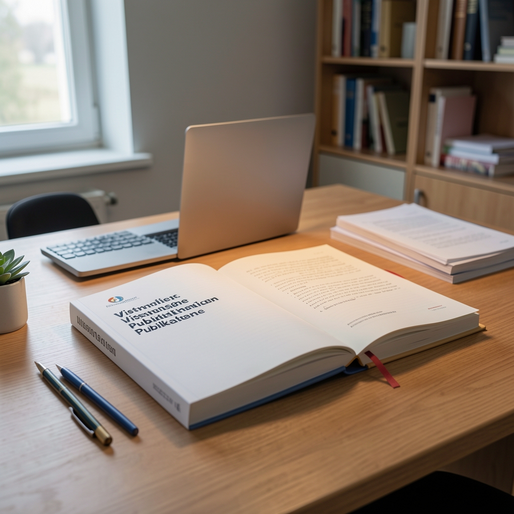 Wissenschaftliche Publikationen und Notizbücher auf einem Schreibtisch unter kontrollierter Beleuchtung in einer ruhigen Arbeitsumgebung