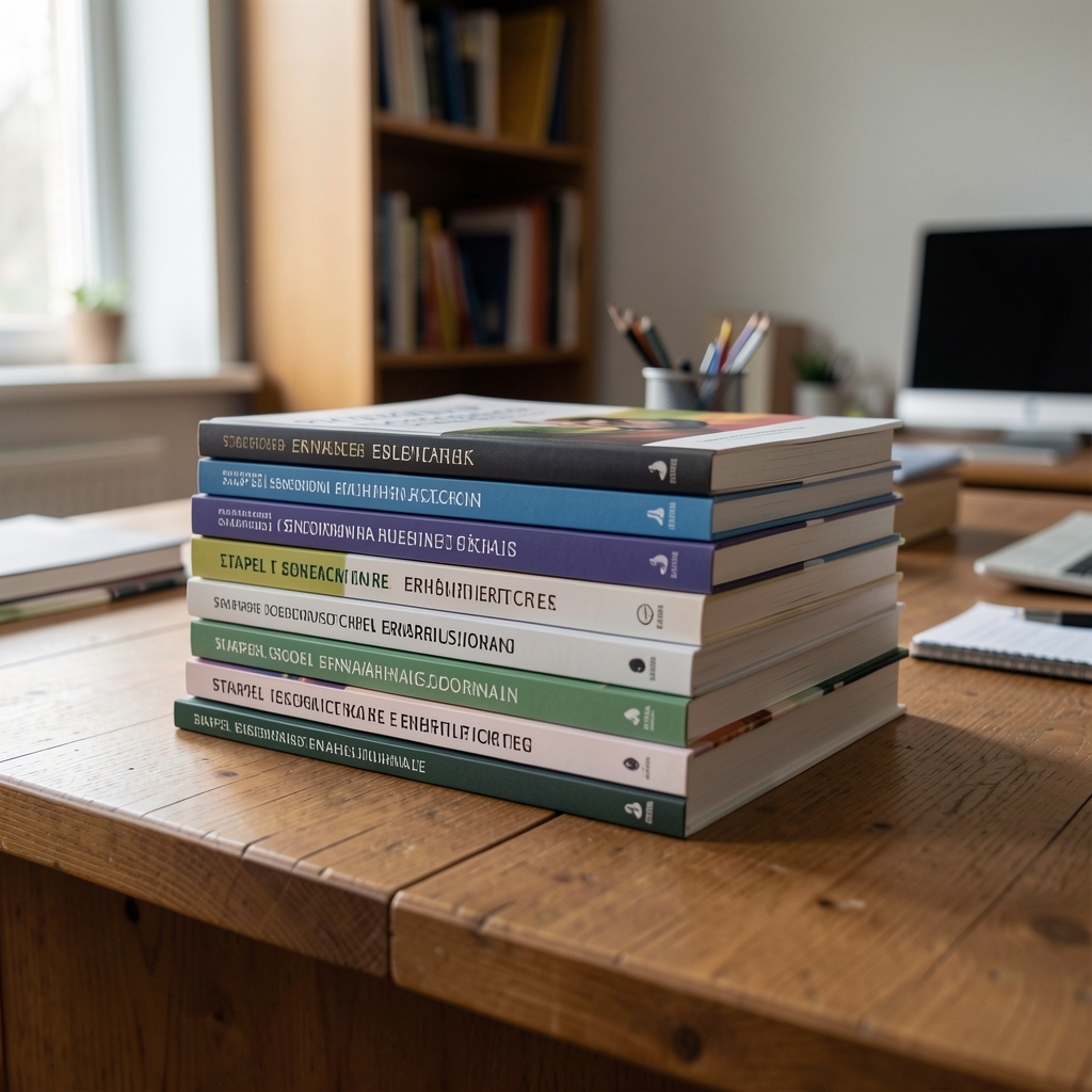 Stapel wissenschaftlicher Ernährungsjournale auf einem Holztisch, Seitenansicht, kontrollierte Beleuchtung in einer ruhigen Arbeitsumgebung