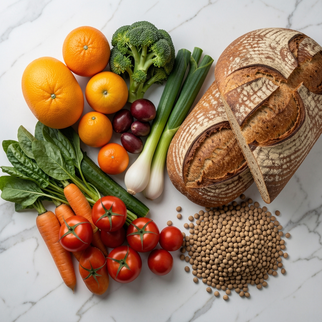 Sortiment frischer Lebensmittel von oben: Obst, Gemüse, Vollkornbrot und Hülsenfrüchte auf einer hellen Marmoroberfläche