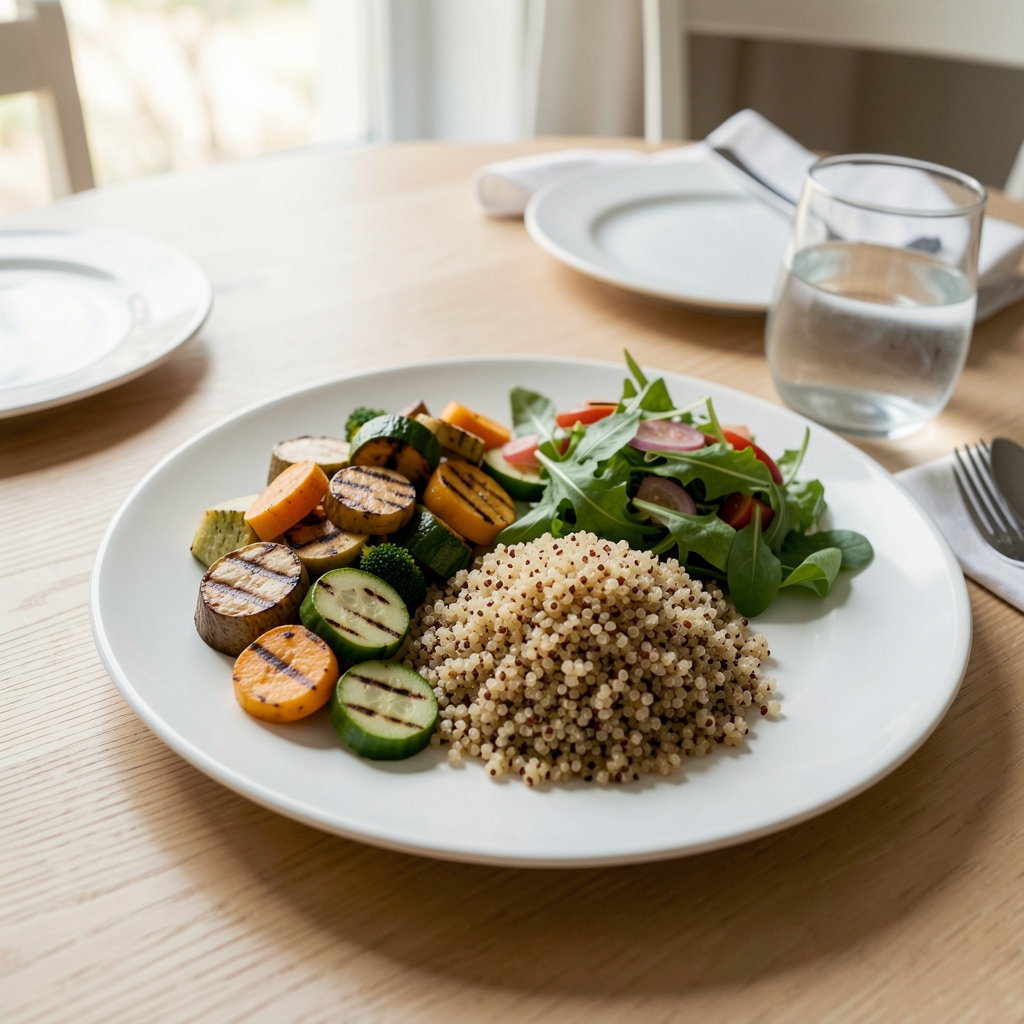Ausgewogen gedeckter Mittagstisch: Teller mit gegrilltem Gemüse, Quinoa und einem kleinen Salat, natürliches Licht, heller Holztisch