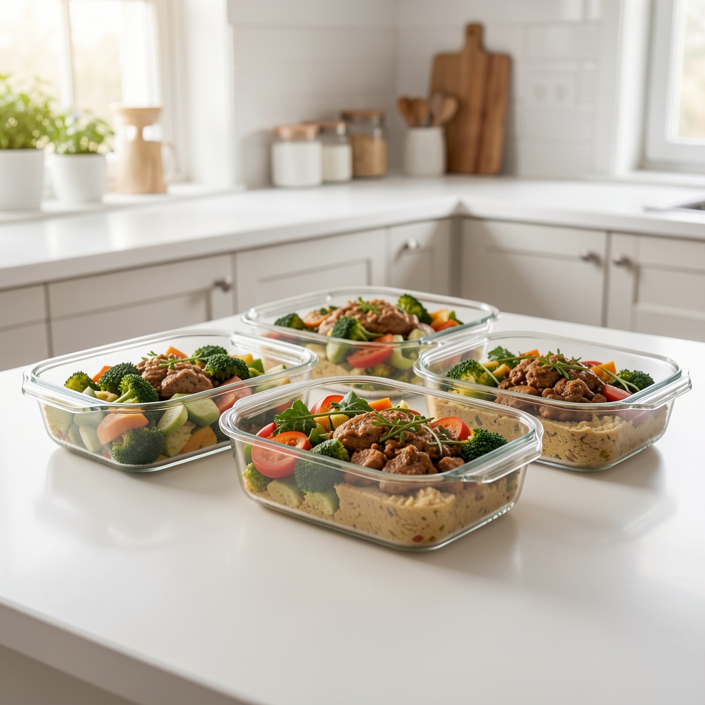 Meal Prep Übersicht: mehrere Glasbehälter mit vorbereiteten ausgewogenen Mahlzeiten auf einem hellen Küchentisch